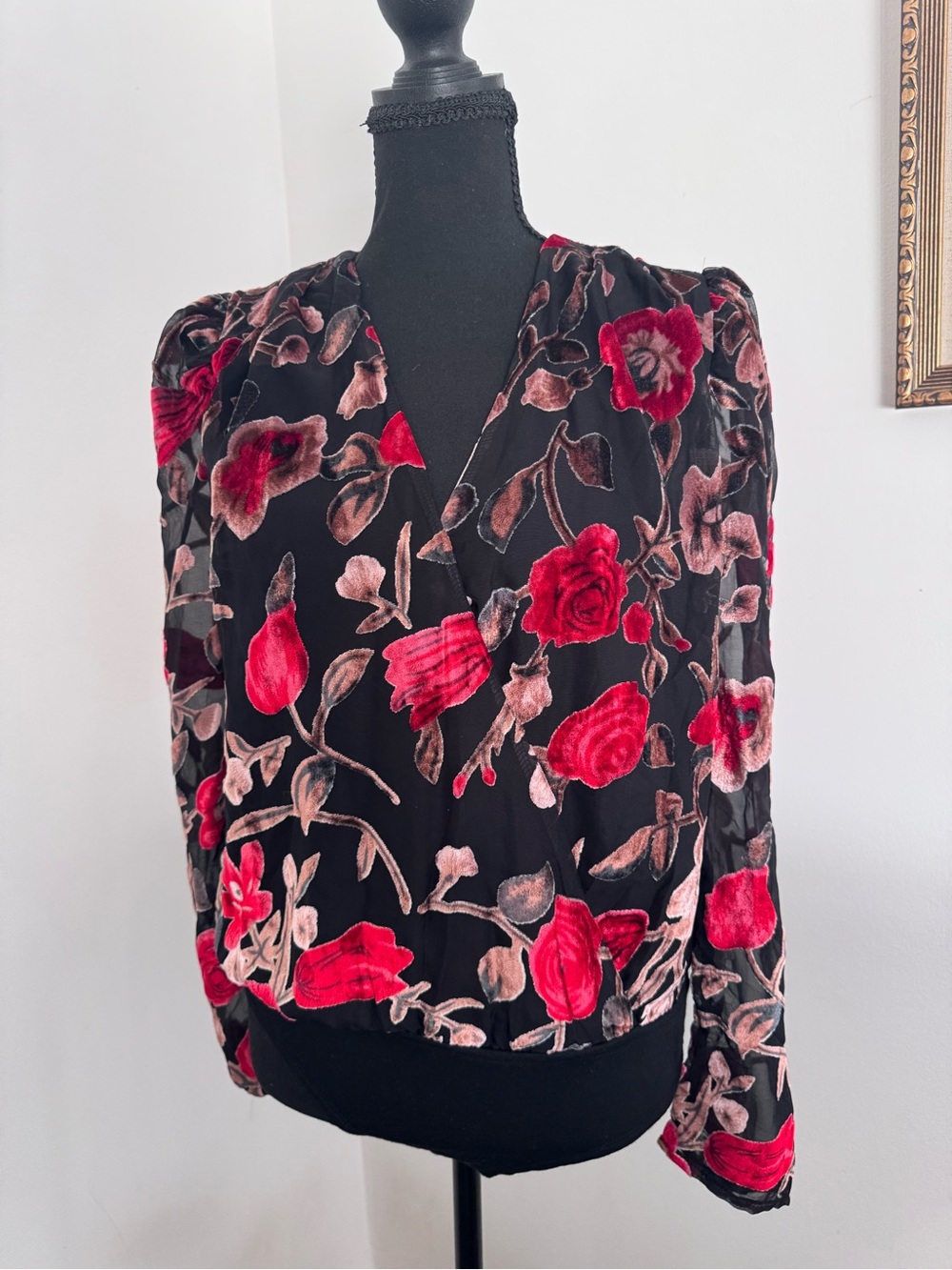 Fate Black Velvet Floral Blouse with Red Rose Accents